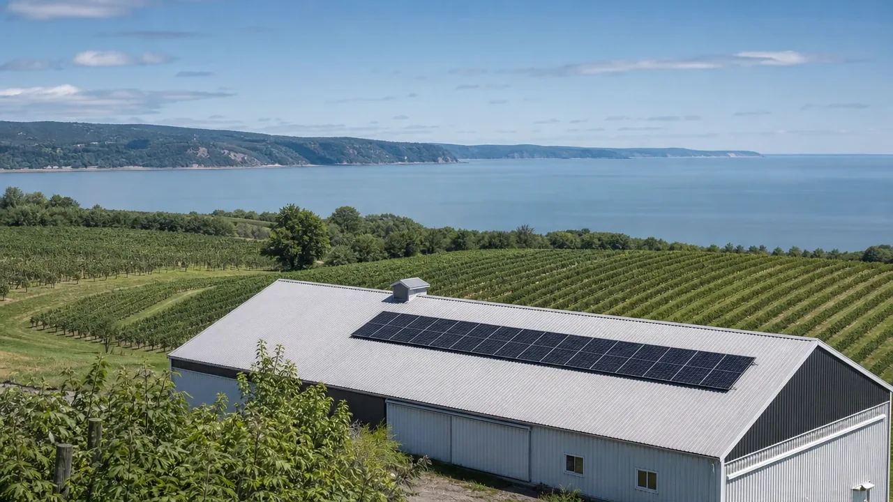 Illustration : hangar à machinerie d'une ferme du Kamouraska, panneaux solaires neufs sur le toit en tôle, rangs agricoles qui descendent jusqu'au fleuve